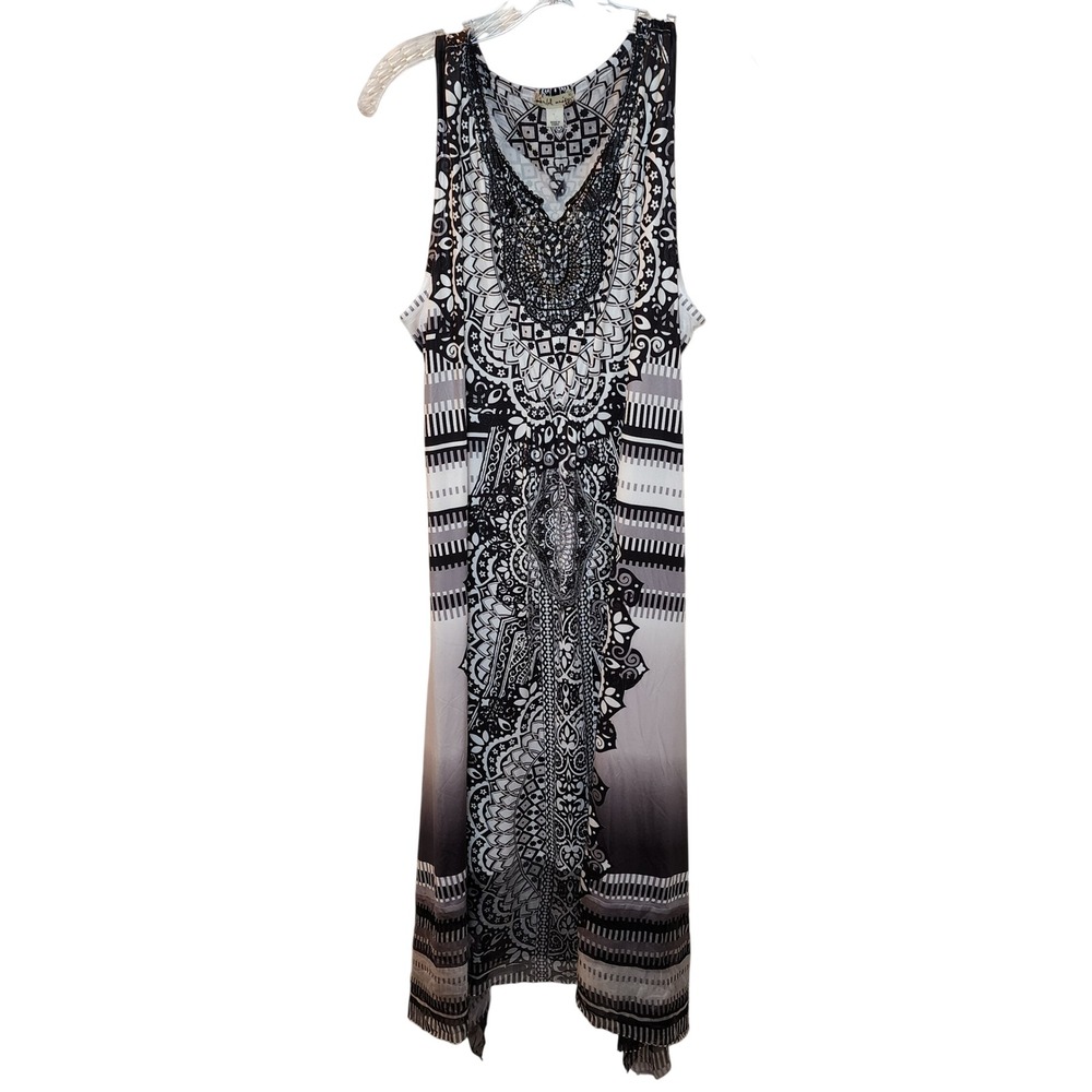 World Unity Womens XL Black White Mandala Geometric Beaded Crochet Midi Dress